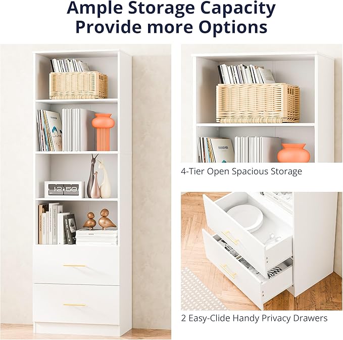 Cozy Castle 74.1'' Bookshelf,Tall Bookcase with Drawers, 4-Tier Open Bookshelf with Adjustable Storage Shelves,23.6 Inches Wide Floor Standing Bookcase for Home Office,Bedroom,Living Room,White
