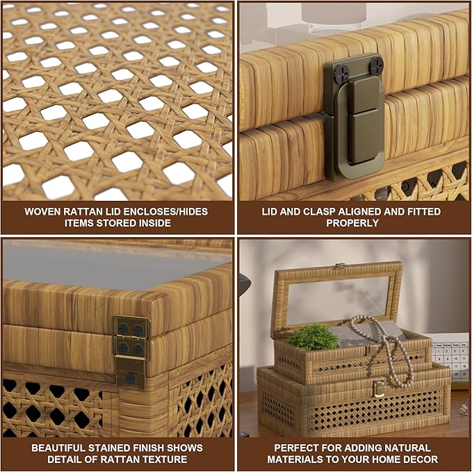 Rattan Decorative Box,Boho Display Boxes with Lids,Set of 2 Rectangular Wicker Storage Decoration,Natural Woven Cane Bins for Home Decor for Rustic Farmhouse(Natural)