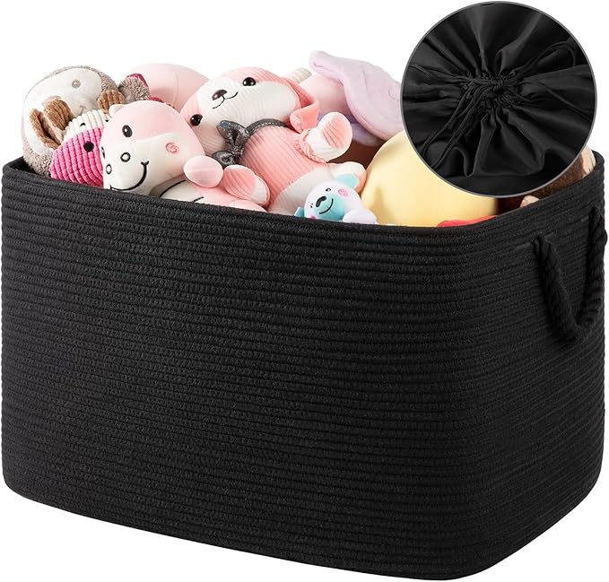 95L Extra Large Blanket Basket with Lid, 24" x 16.9" x 14.2" Woven Storage Basket for Living Room, Rectangle Nursery Blanket Storage for Toys, Towels, Dirty Clothes, Black