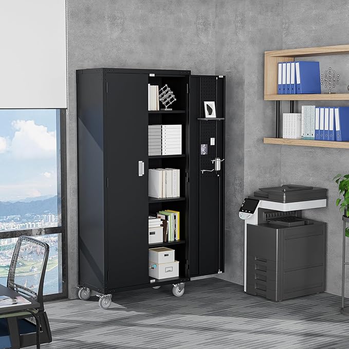 VINGLI 72'' Tall Garage Storage Cabinet, Metal Storage Cabinet with Pegboards, Wheels, Locking Doors and Adjustable Shelves (Black, 32''W x 16''D x 72''H)