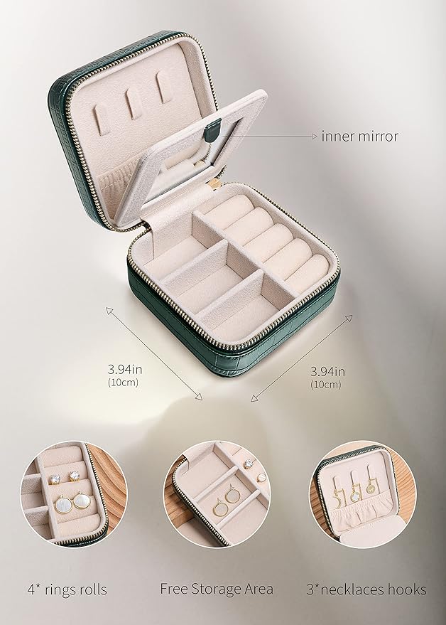 S.Leaf Travel Jewelry Organizer Boxes for Women Small Portable Necklace Earrings Bracelet Rings Travel Case Best Friend Birthday Gifts for Women Trendy (09_Pattern_Crocodile_Emerald_01)