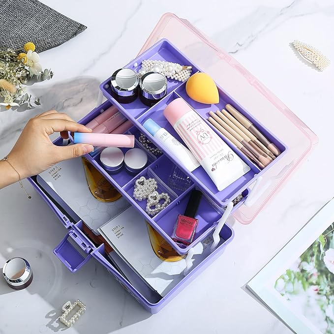 2PCS 12'' Three-Layer Clear Plastic Storage Box/Tool Box, Multipurpose Organizer and Portable Handled Storage Case for Art Craft and Cosmetic (Purple)