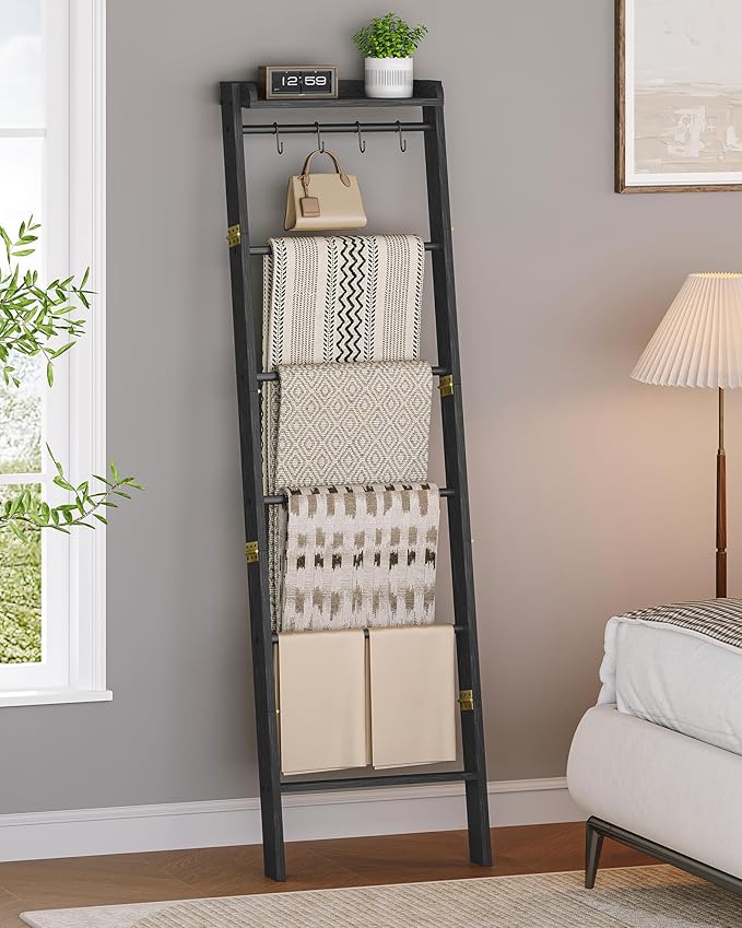 Blanket Ladder Shelf, Decorative Quilt Rack, 7-Tier Farmhouse Ladder Holder Organizer with 4 Removable Hooks, Black BR36804B