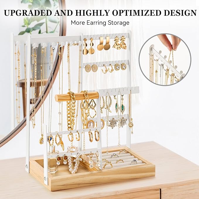 DreamGenius Jewelry Organizer Stand with Velvet Ring Holder, 4 Tier Jewelry Holder Organizer with 11 Hooks for Necklaces and 132 Holes for Earrings, White