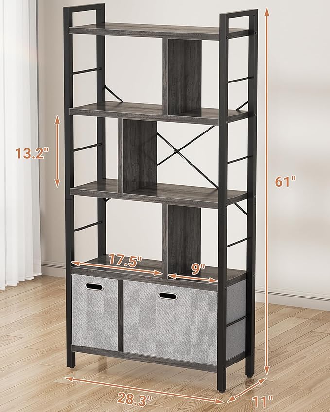 Armocity Bookshelf with Drawers - 5 Tier Tall Bookcase Geometric Modern Book Shelf Display Standing Bookshelves with Storage for Living Room, Bedroom Home Office, Grey Oak