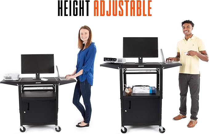 Line Leader Rolling AV Cart with Locking Cabinet, Laptop Stand, and Drop Leaves, Height Adjustable Mobile Utility Cart Workstation with Extra Storage Space, UL-Listed Power Strip (Black / 46 x 18)