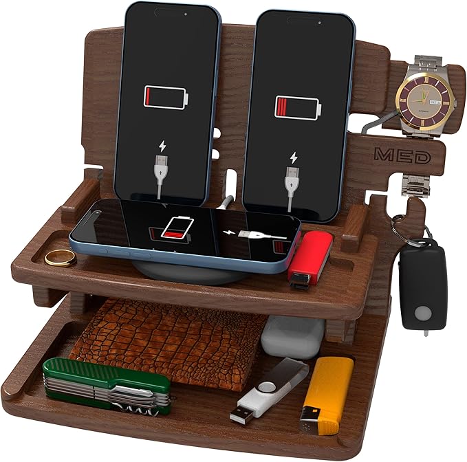 MED Wood Phone Docking Station – Nightstand Desk Organizer for Phone, Watch, Wallet & Tablet – Gift for Men, Husband, Dad & Women – Wooden Charging Stand, (Dark Walnut, Model 2)