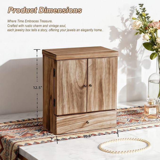 Emfogo Wooden Jewelry Box for Women, 6-Tier Large Jewelry Organizer Boxes with Mirror Rustic Solid Wood jewlery Storage Display for Rings Earrings Necklaces Bracelets watches(Carbonized Black)