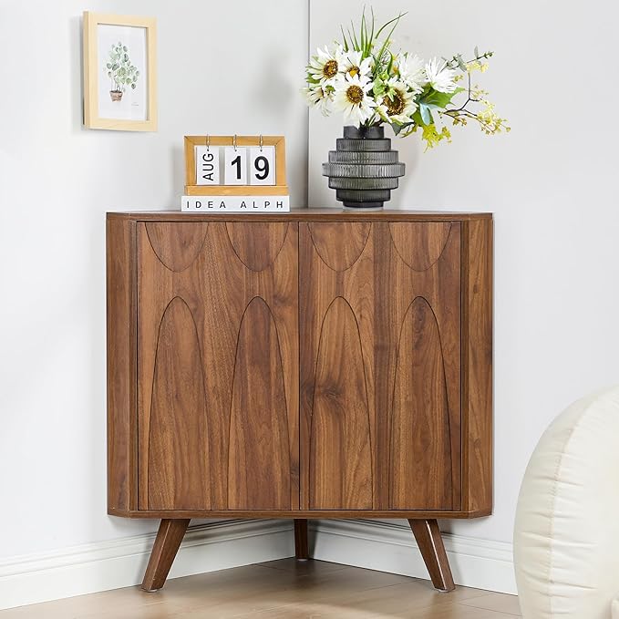 Small Corner Cabinet,Corner Floor Cabinet with Adjustable Doors and Shelve, Freestanding Narrow Storage Organizer for Kitchen Living Room Bathroom (Walnut)
