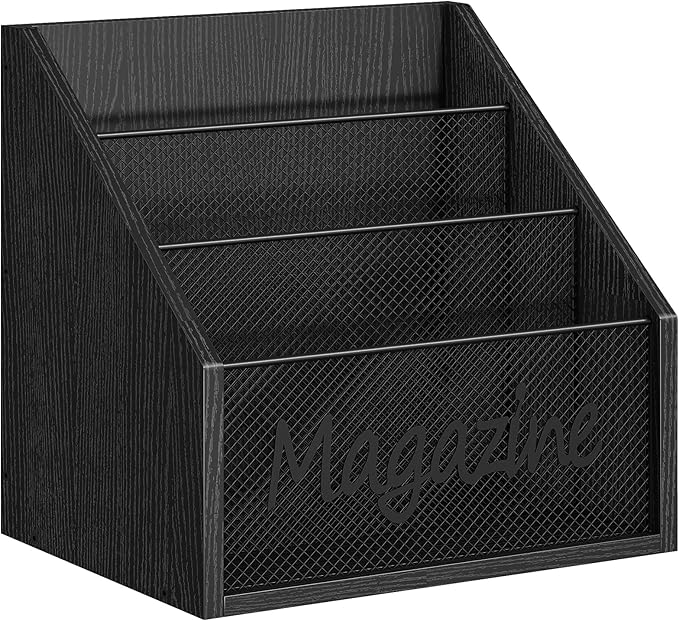 Magazine Holder, Wood Magazine Rack Floor, Mail Organizer Countertop, Magazine Mail Holder Sorter, Record Holder for Magazines, Books, Newspapers, Tablets, Black MR02BB
