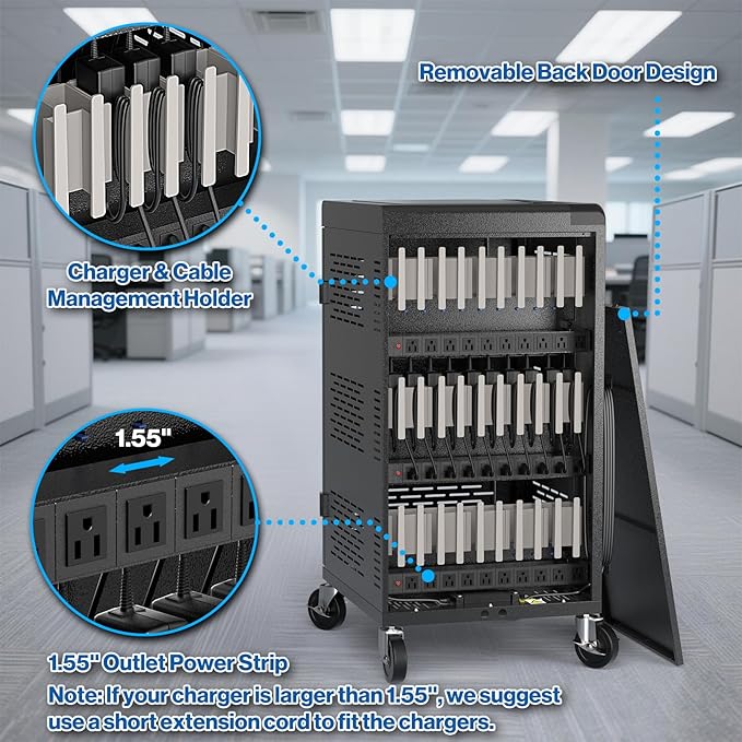 Fully Assembled 30 Unit Device Charging Station for Chromebook, iPad, 14'' Laptop - Pre Built Charging Cart with Charger Cable Management, Circuit Breaker, Grounding Protection (Black)