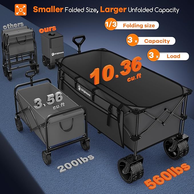 48" L Folding Beach Wagon Cart Foldable, 560lbs Weight Capacity 300L Heavy Duty Collapsible Wagons with Big All-Terrain Wheels, Utility Carts for Groceries, Shopping, Camping, Sports - Grey