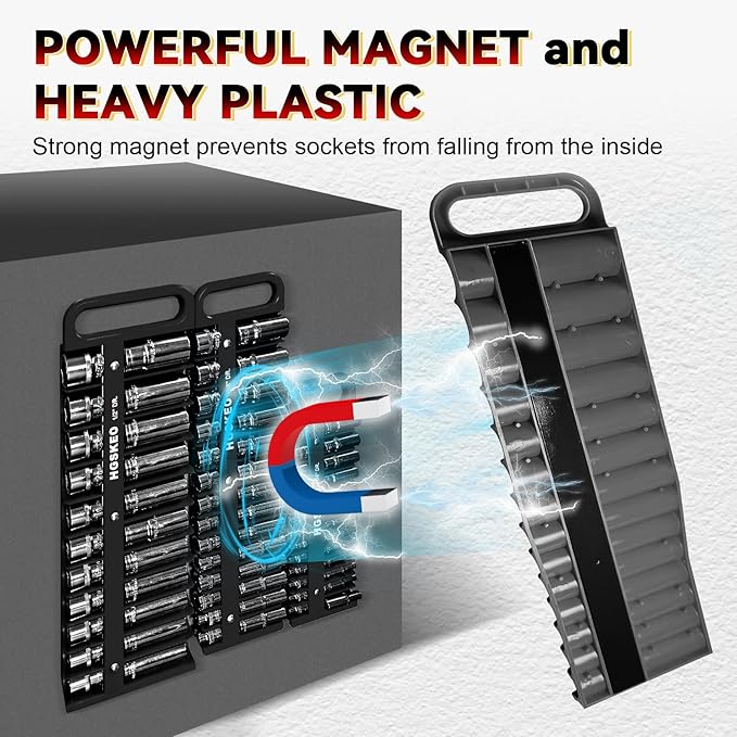 Magnetic Socket Holder Set with Handle, Portable Socket Organizer, Heavy Duty Socket Racks (Black, 3/8" Drive)