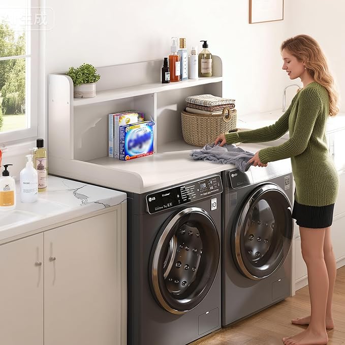 2-Tier Washer Dryer Countertop, 18.5" Raised Height Laundry Countertop with Edge Rails and Non-Slip Pad, 54"W x 27.55"D Washer and Dryer Topper for Laundry Room Storage Organization (White)