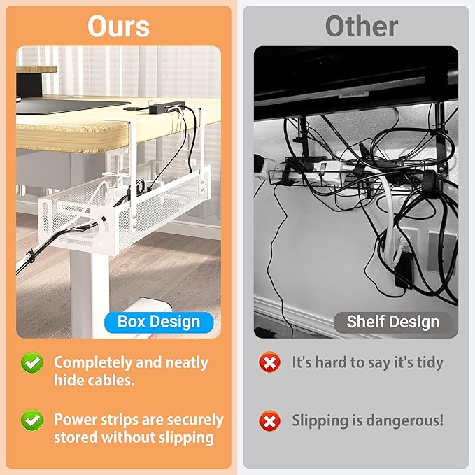 No Drill Under Desk Cable Management Tray, SONATURE 25.3" Cord Organizer for Table, Clamp Mount Desk Cable Management, Premium Carbon Steel Cable Organizer for Office, Home (White)