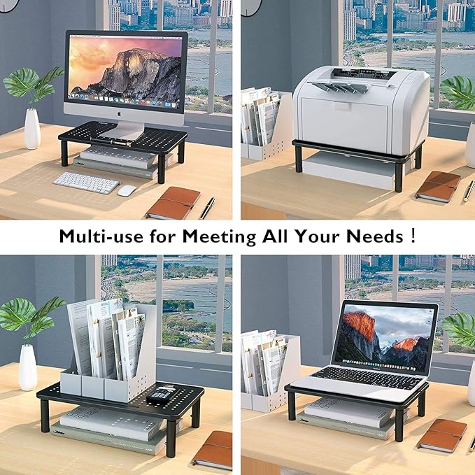 BONTEC 2 Pack 3 Height Adjustable Monitor Stand Riser with Pen Holder, Ergonomic Metal Laptop Stand with Cable Management, Desktop Stand for Computer, Printer, Monitor, Laptop (Black, 14.5” x 9.1”)