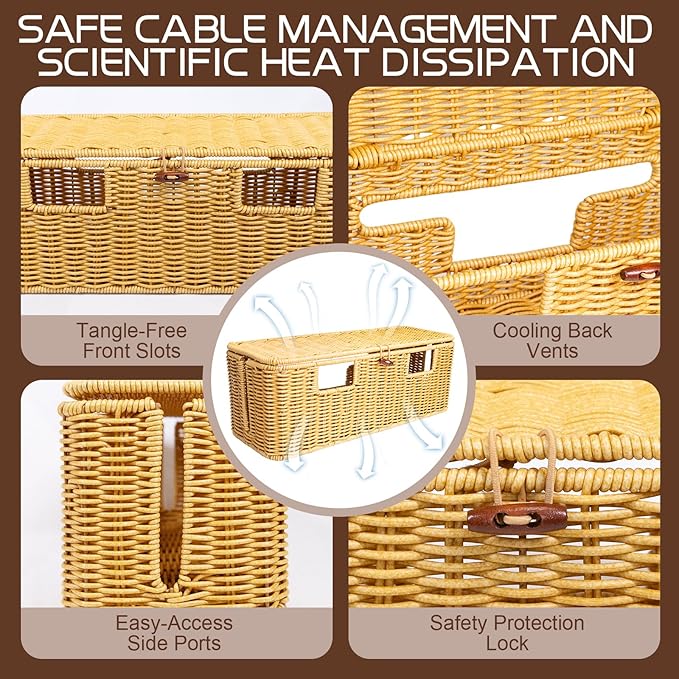 Longer Cable Management Box, 16In Handwoven Cord Management Box with 5 Slots, Floor Cord Hider Boxes for Power Strip and Wire, Cable Organizer Boxes with Lid for Desk, Floor, Office, Living Room