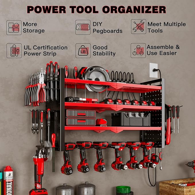 Power Tool Organizer Wall Mount with Charging Station 4 Layer 6 Slot Cordless Drill Holder with Angle Grinder Holder (Red)