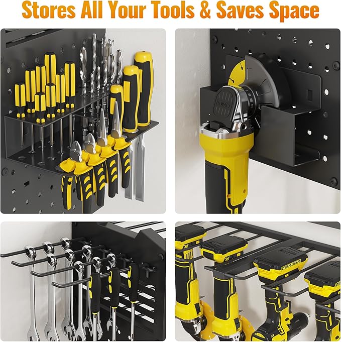 Tomorotec 4-Layer Wall-Mounted Power Tool Storage Rack, Heavy-Duty Steel Drill Organizer with Adjustable Shelves & Side Hooks for Toolbox, Easy Installation Garage & Workshop Storage (Black)