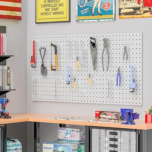 Pegboard Smith Metal Pegboard Panels, 16" x 12" Heavy-Duty Steel Wall Peg Boards for Garage Tool Storage, Pegboard Organizer System (Pack of 3, Gray)