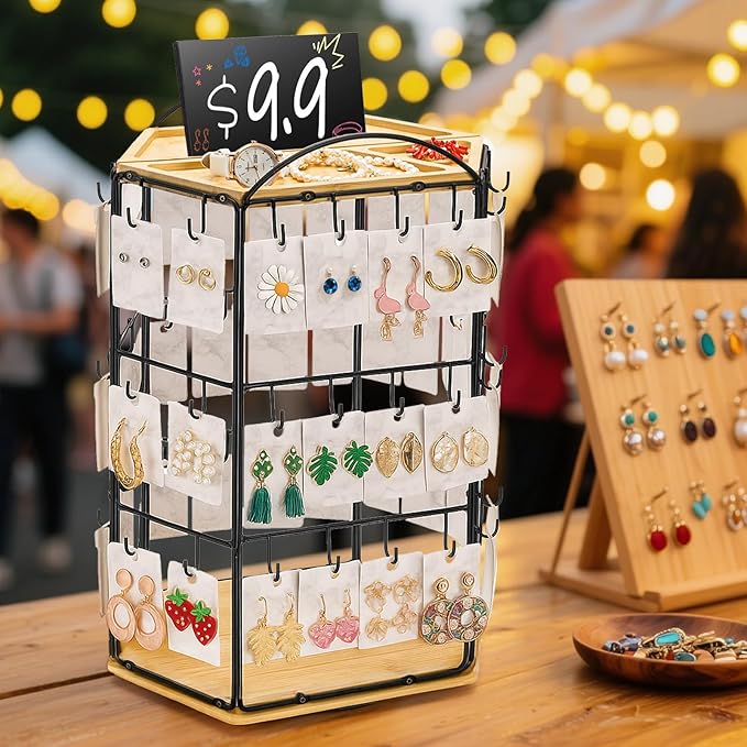 Rotating Earring Display Stand for Vendors, 48 Hooks Hexagon Bamboo Jewelry Holder, Large Capacity Jewelry Storage Showing Rack for Selling, Store, Home, Necklace Bracelet Keychain, 3 Tiers