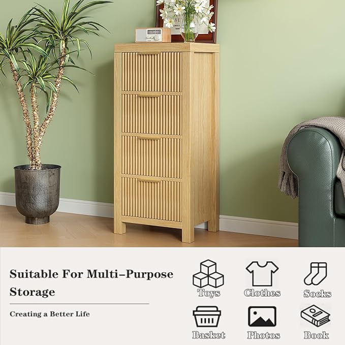 Mid-Century Modern Tall Wooden Dresser with 8 Spacious Drawers, Entryway Storage Chest with Smooth Metal Handles, Bedroom Clothes Organizer for Entryway, Office, and Small Spaces, Natural X2