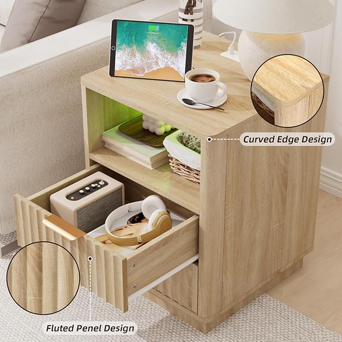 VOWNER Fluted Nightstand with Charging Station, 18” RGB Night Stand with 2 Drawers, End Table with Storage Shelf, Curved Profile Design Side Table, Bedside Table for Bedroom Living Room, Oak