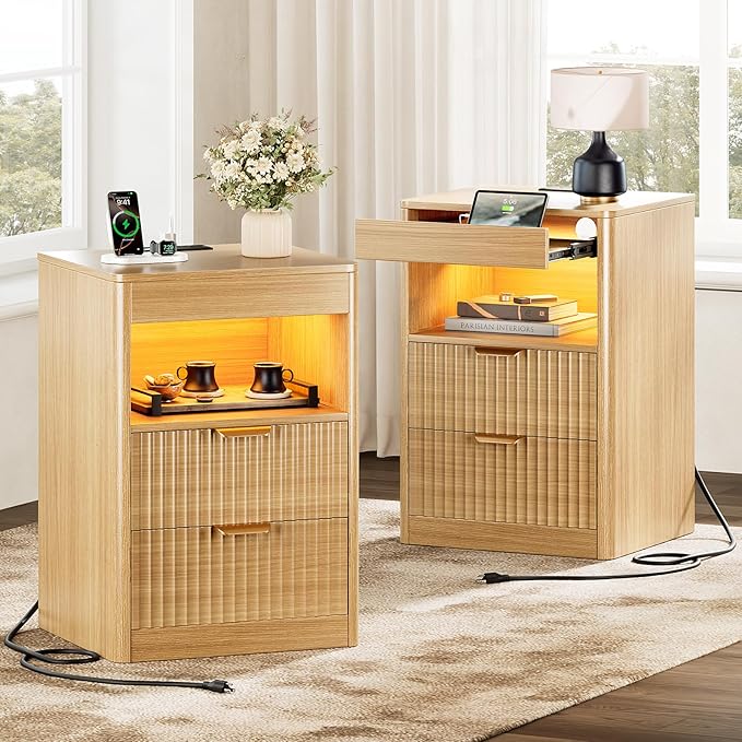 REAHOME Fluted Nightstand with Charging Station, Modern LED Night Stand with 2 Drawers and Pull Out Tray, Wood Bedside Table, End Side Table with Open Shelf for Bedroom,Natural