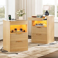 REAHOME Fluted Nightstand Set of 2 with Charging Station, Modern LED Night Stand with 2 Drawers and Pull Out Tray, Wood Bedside Table, End Side Table with Open Shelf for Bedroom,Natural