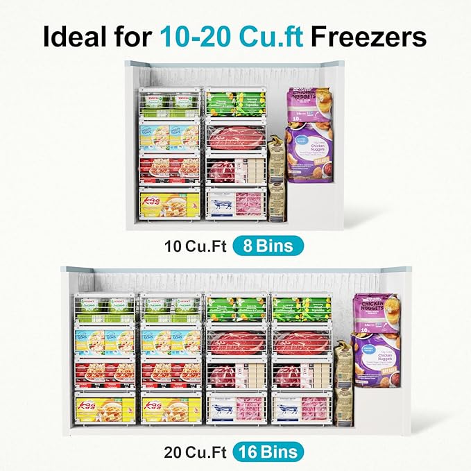 iSPECLE Freezer Organizer Bins - Fit 10 to 20 Cu.FT Deep Freezer, 4 Pack Expandable Stackable Large Chest Freezer Organizer Bins Sort Food, Easily Get Food from Bottom Better Ventilation, White