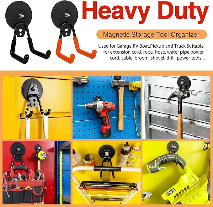 4 Pack Strong Magnet Hooks Heavy Duty, Rubber Coated No Damage Hook for Garage Storage, Dual Hook Design, Large Magnetic Hangers for Tools, Garden, Workshop (Orange2pcs + Black2pcs)