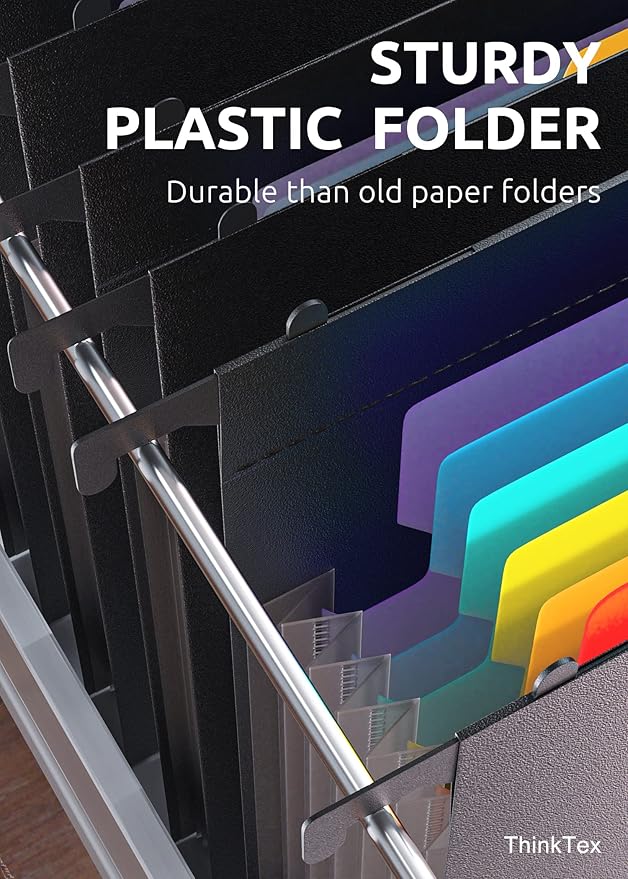 ThinkTex Plastic Expanding Hanging File Folders, 7 Innovative 1.2" Accordian Pockets, Large Capacity, Multi-Color Tabs, Letter Size for Filing Cabinet - 3 Packs