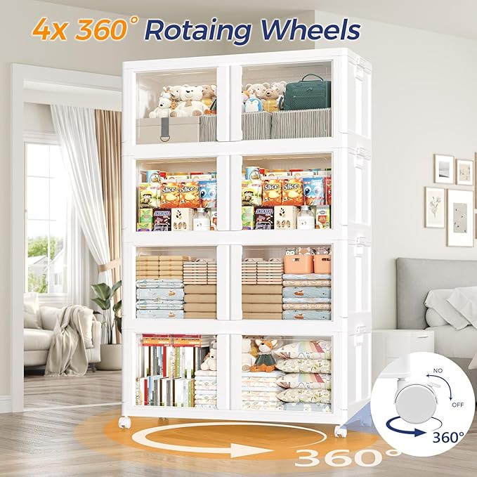 1000Qt Stackable Storage Bins with Lid and Wheel, 250Gal Plastic Closet Organizer and Storage Drawer, Large Collapsible Storage Box Cabinet with Clear Door for Home Kitchen Office, 5Pack White