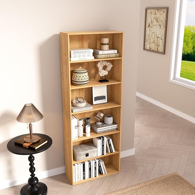 6 Tier Book Shelf，Wooden 6 Cube Storage Organizer,6 Tier Low Bookcase Storage Display Organizer, 64 Inch Versatile Cubes Shelf and Cubby Unit for Any Space (Natural Oak, 6 Cube-W(23.6inch)