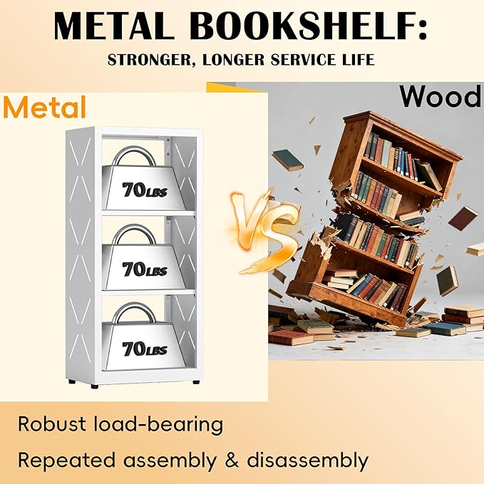 Narrow Bookshelf,3 Tier Bookcase,34" White Metal Small Bookshelf with Adjustable Feet and Adjustable Shelves,Home Office Bookcase Shelf Storage Organizer for Living Room、Kitchen