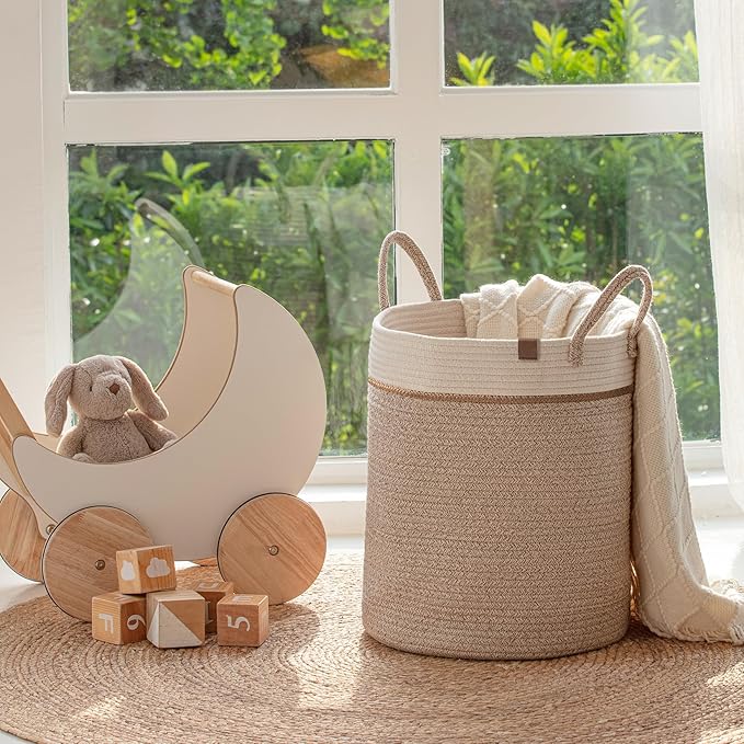 LA JOLIE MUSE Woven Basket Rope Storage Baskets - Tall Cotton Basket 16 x 14 x 14 Inches, Laundry Basket for Blanket, Kids Toy, Nursery Clothes Hamper Basket White & Desert