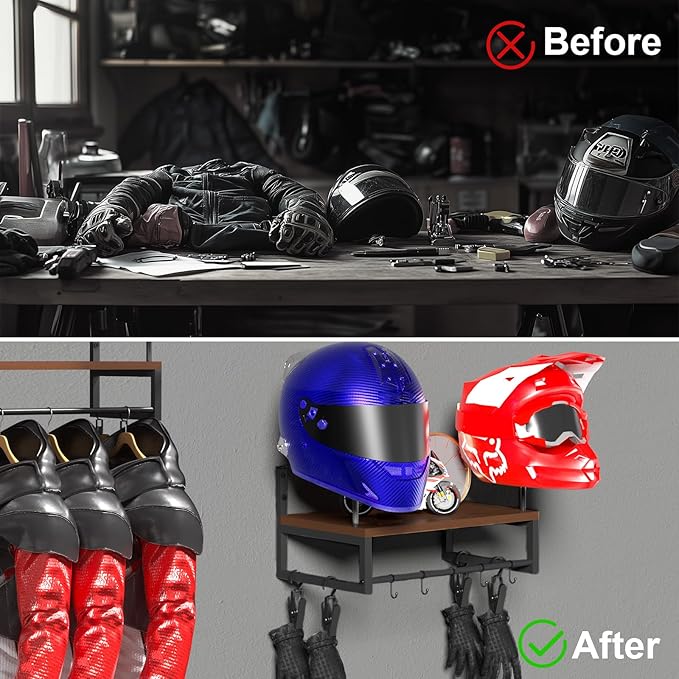Helmet Holder Wall Mount, Retro Helmet Rack with Wooden Board, 2 Helmet Stands for Moto Gear Storage, Football Accessories Organizer, 4 Clips 5 Hooks for Hanging Gloves Keys, and Tactical Vests