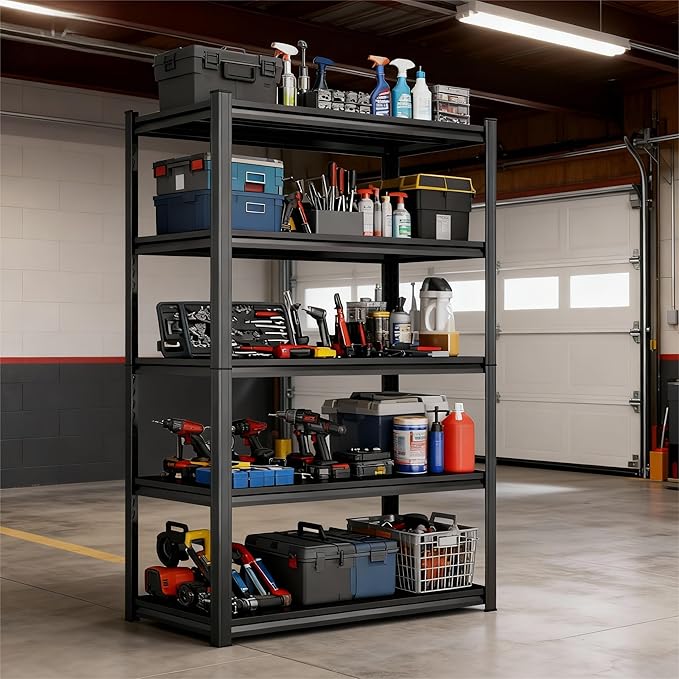 Storage Shelves, Garage Metal Shelving Unit, Adjustable, Double-Layer Column with Reinforced Ribs, Heavy-Duty, Capable of Bearing 600-3600 lbs (Balck, 63 * 39 * 20, 5-Tier)