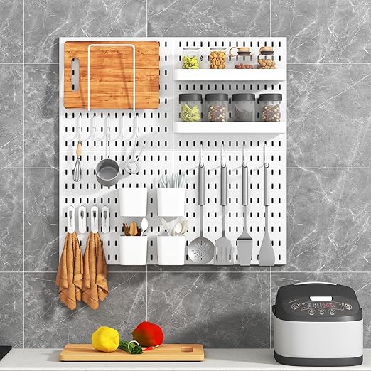 Peg Board Combination Kit, 8 Pegboards with 40 Accessories, Pegboard Wall Organizer for Office, Nursery & Home Storage, Key Holder, 51.2"x25.6" – Nail-Free Installation（White）