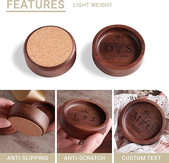 Walnut Wood Ring Holder, Engraved Jewelry Dish and Storage Tray, Unique Gift for Her, Valentine’s Day Gift (Customize, round)