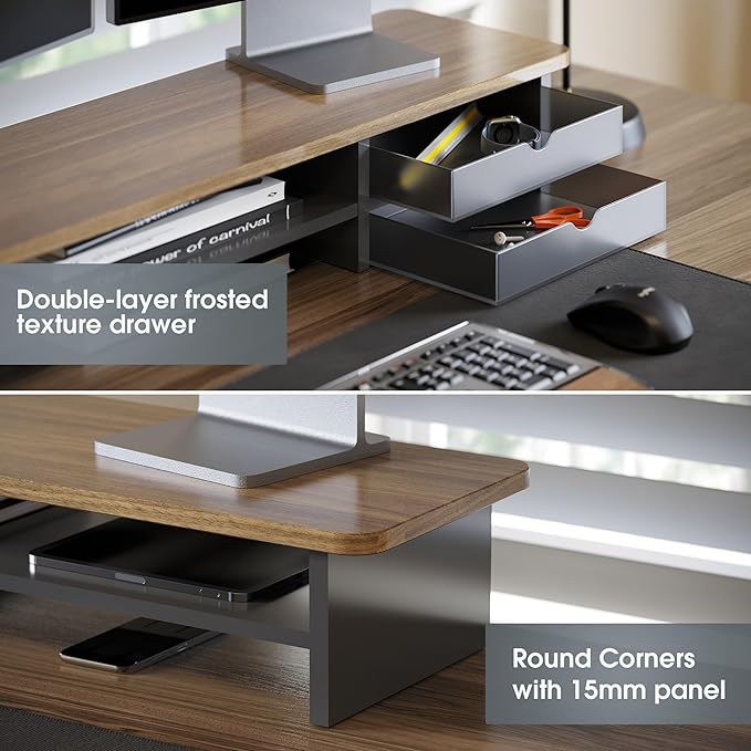Fenge Monitor Stand, Dual Monitor Riser, 42.5inch Large Desk Computer Monitor Stand Riser with Drawer, 2 Tier Wood & Acrylic Desktop Organizer for Computer, Laptop, Printer, TV Screen Riser