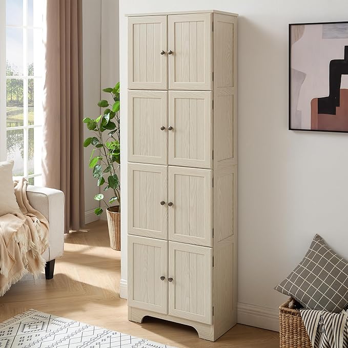 72" H Farmhouse Storage Cabinet, 4 Tier Kitchen Pantry Cabinet with 4 Shelves, 8 Doors Freestanding Floor Storage Cabinet Wooden Organizer Bookcase for Living Room & Kitchen (White)
