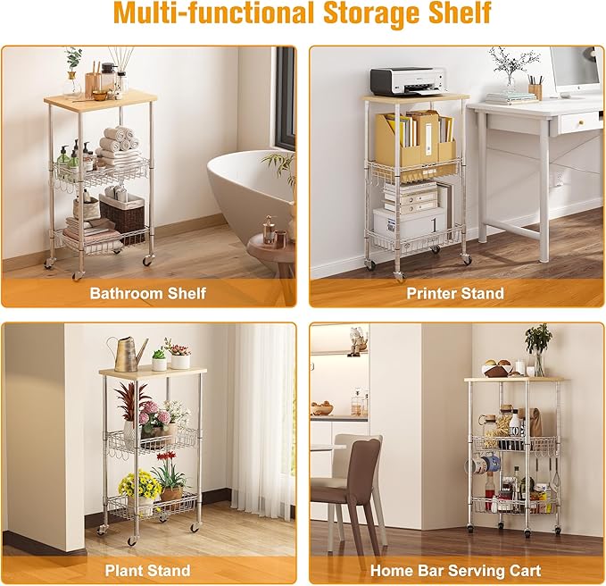 Homeiju Rolling Kitchen Storage Cart, 3-Tier Storage Rack on Caster Wheels with Adjustable 2 Baskets, Coffee Station Cart Rack Shelf Organizer for Living Room Office, Balcony, Chrome/Silver