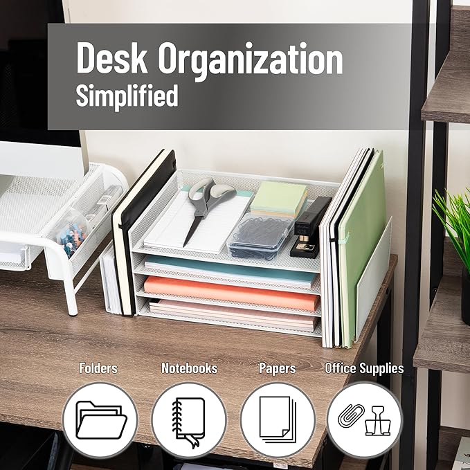 Mind Reader Desktop Organizer, File Storage, Paper Tray, Workspace, Office, Metal Mesh, 16.75" L x 9.15" W x 6" H, White