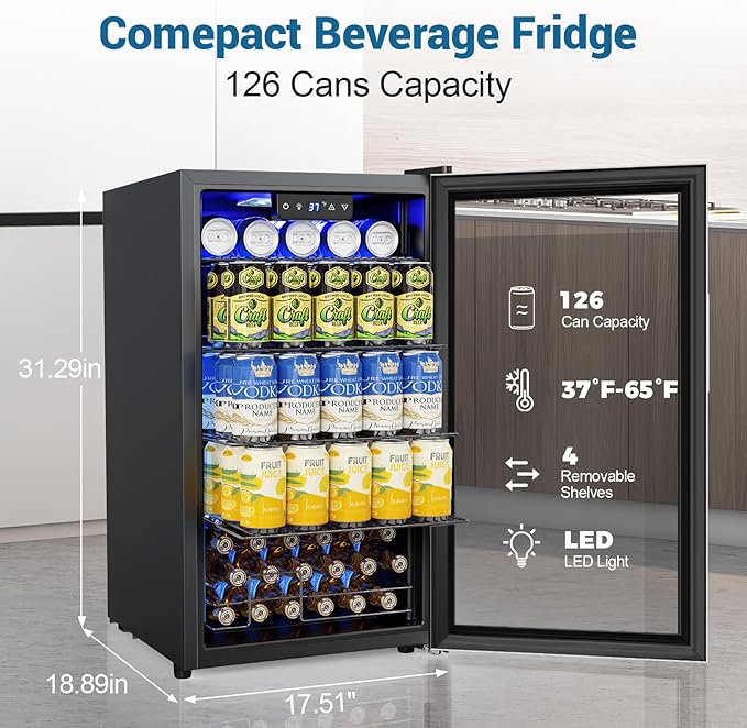 Mini Beverage Refrigerator 3.2 Cu. Ft Small Fridge 126 Can Lockable Drink Cooler with Glass Door, Safety Lock, For Beer Soda, Silver