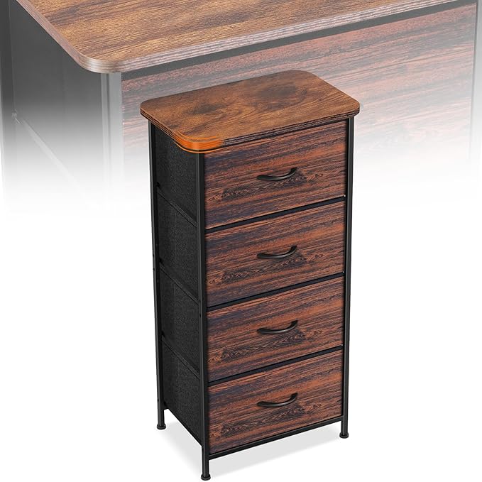 Curved Profile Dresser for Bedroom，4 Fabric Drawer Dresser with Waterproof Wood Top Chest of Drawers for Hallway, Living Room, Kid Room (Rustic Brown)