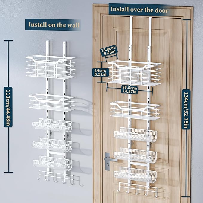 Consumest 6-Tier Hair Tool Organizer - Hair Dryer Holder Over The Door/Wall Mounted DIY Adjustable Shelf Bathroom Door Organizer with Hook for Curling Iron/Blow Dryer/Straightener White