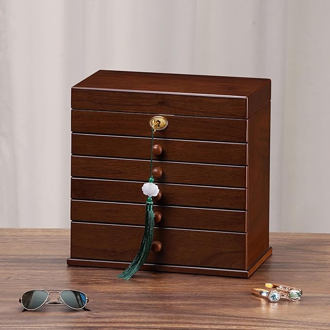 Jewelry Boxes and Organizers - Large Wooden Lockable Cabinet with Key, 8-Layer dresser top jewelry organizer, Vintage Jewelry box for Women and Men GiftIdea