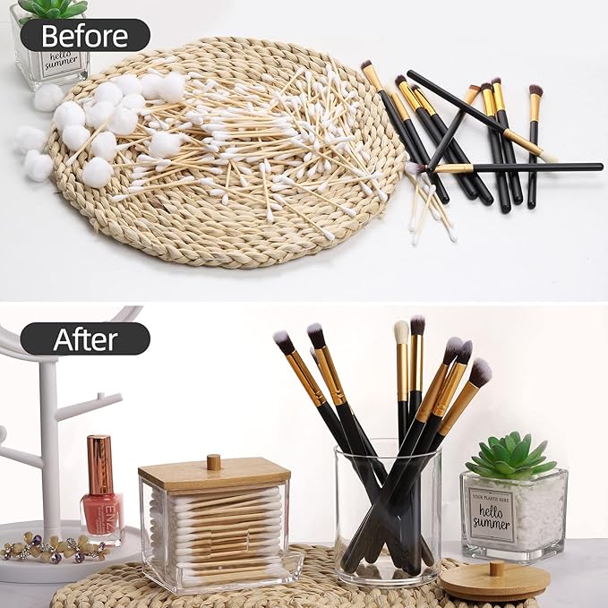 Tbestmax 4 Pack Qtip Holder Bathroom Container, 10/7oz Cotton Ball/Swabs Dispenser, Apothecary Jar with Bamboo Lids for Organizer and Storage (Beige)