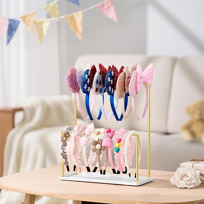 pickpiff Headband Holder Organizer Metal 2-Tier with Tray: Hair Accessories Display Stand Storage, Purse Charms Key Rings Rack Necklace Stand Home Bedroom for Girls Women, Gold